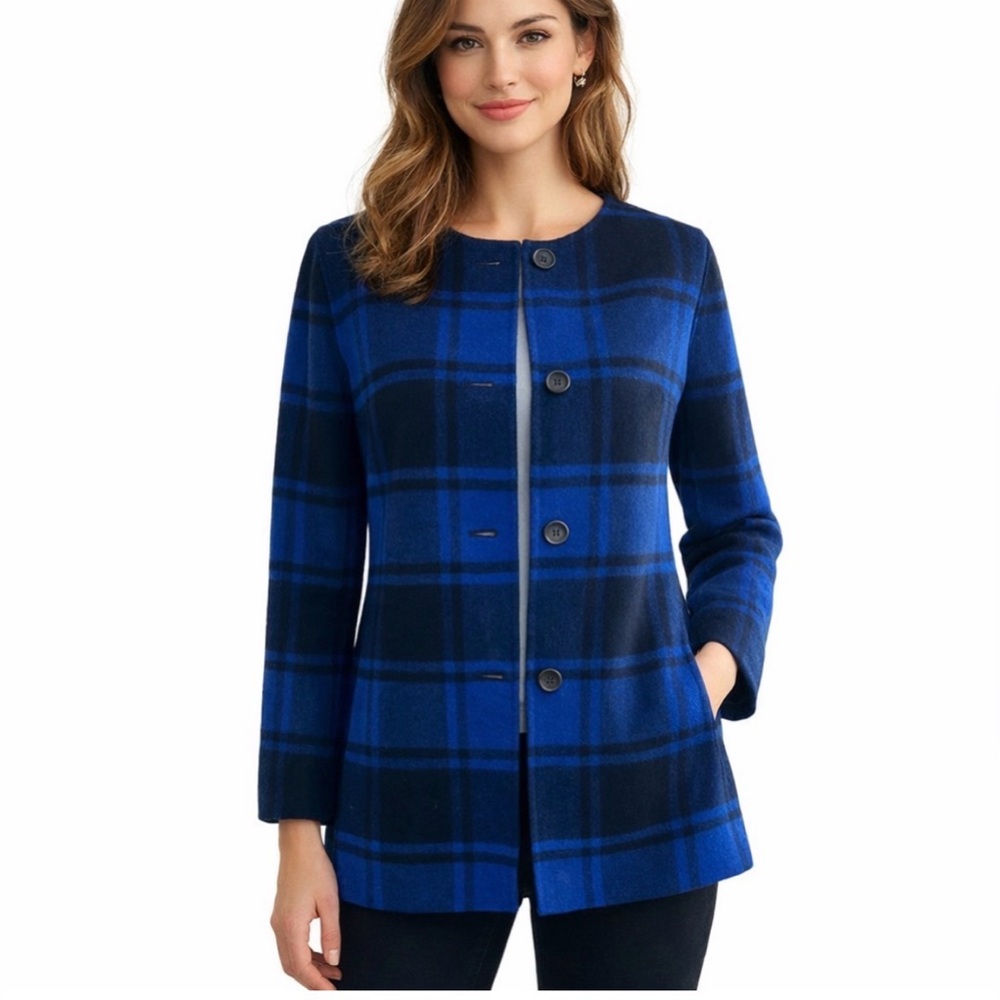 Talbots Women’s Blue and Black Wool Checkered Plaid Long Jacket Blazer